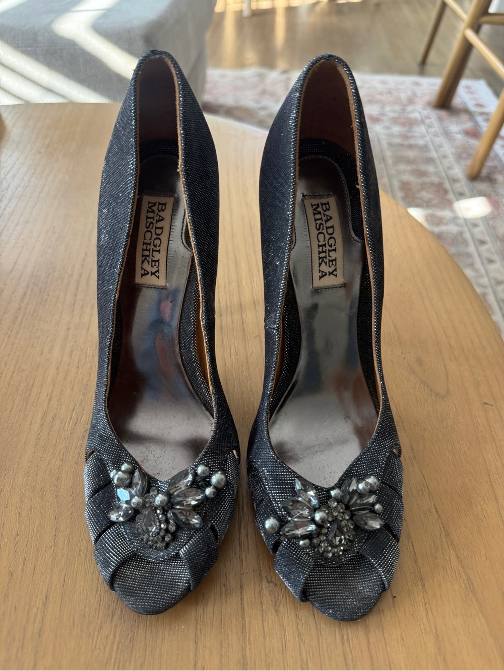 Badgley Mischka Black Embellished Peep-Toe Heels